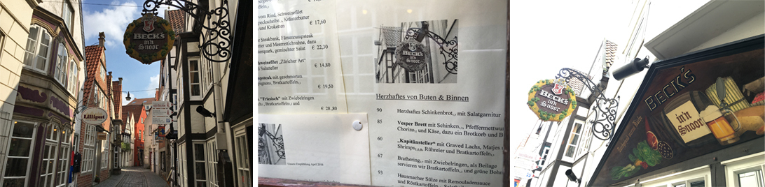 Collage: Restaurant building, menu and sign of Becks in the Schnoor quarter