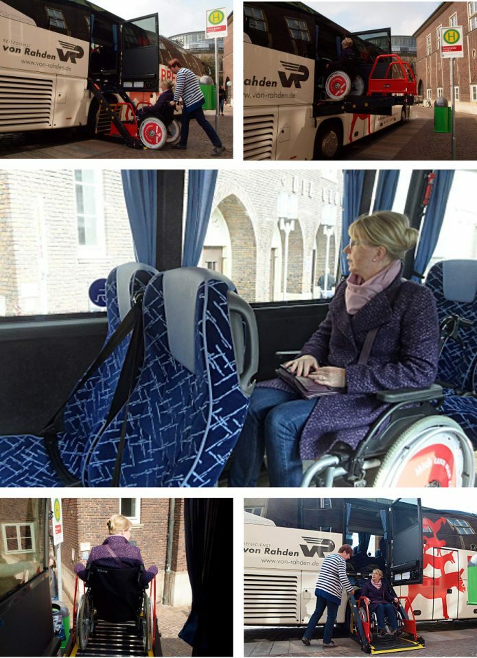 Collage of the process of wheelchair user:in getting on the CityTours bus