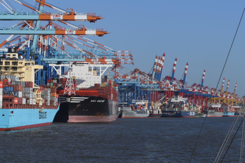 A five kilometre stretch of container ships being loaded and unloaded in Bremerhaven.