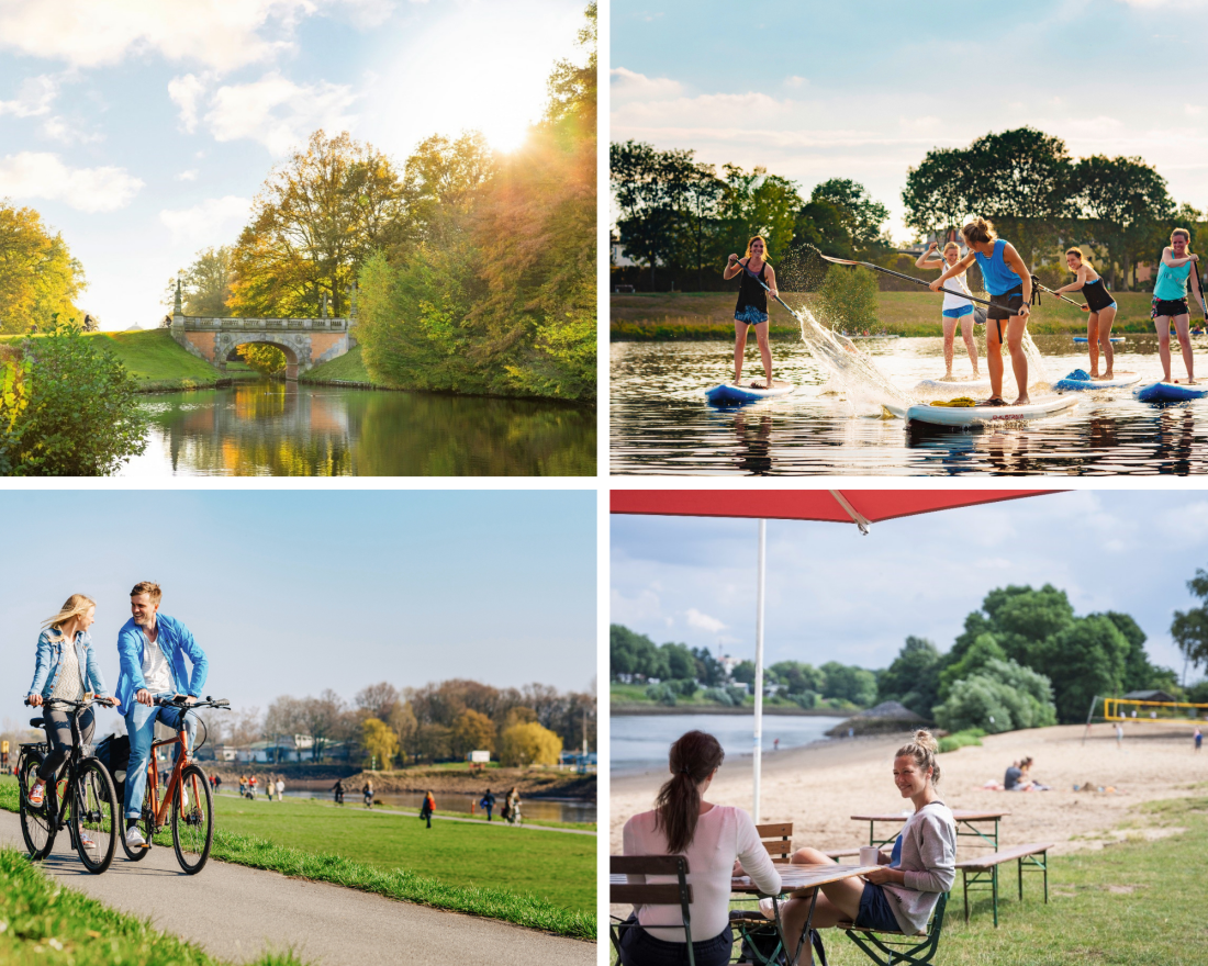 Bild zeigt Bürgerpark, Stand-up-Paddling, Radfahrer am Osterdeich und das Café Sand.