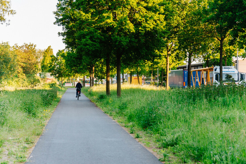 Ein Fahrradfahrer auf dem Fahrradweg im Gewerbepark Hansalinie