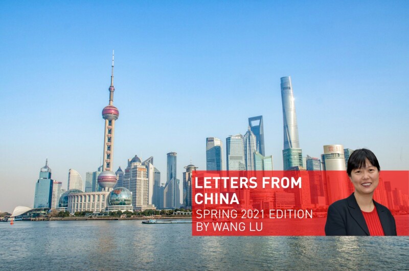Letters from China spring issue 2021, in the background are skyscrapers of a city.
