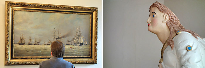Collage: Gemälde mit Schiffen auf dem Meer und eine Figur
