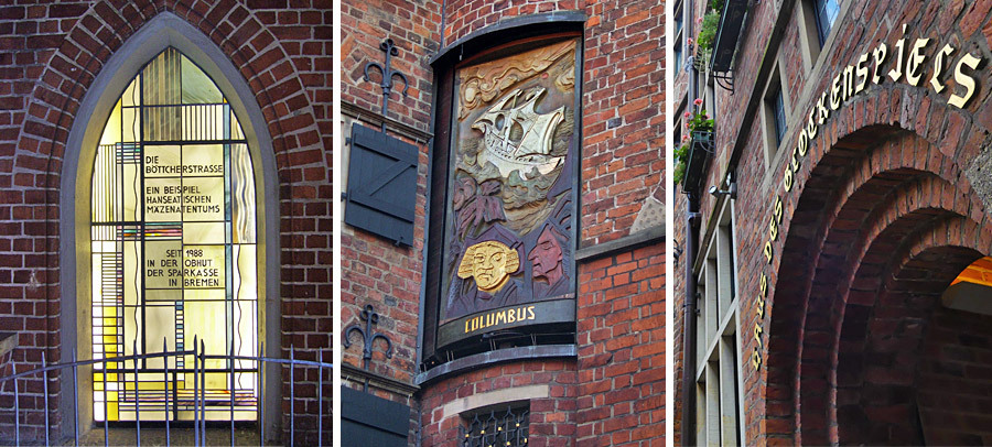 Collage: Fenster und Turm mit Holztafel in der Böttcherstraße