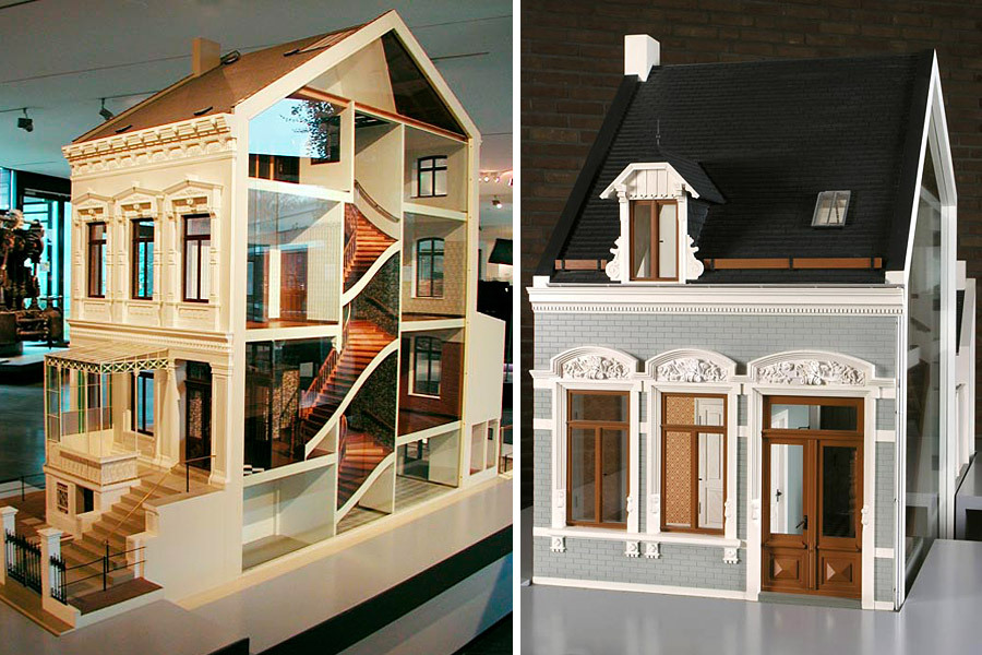 Collage: Two house models at the Focke Museum