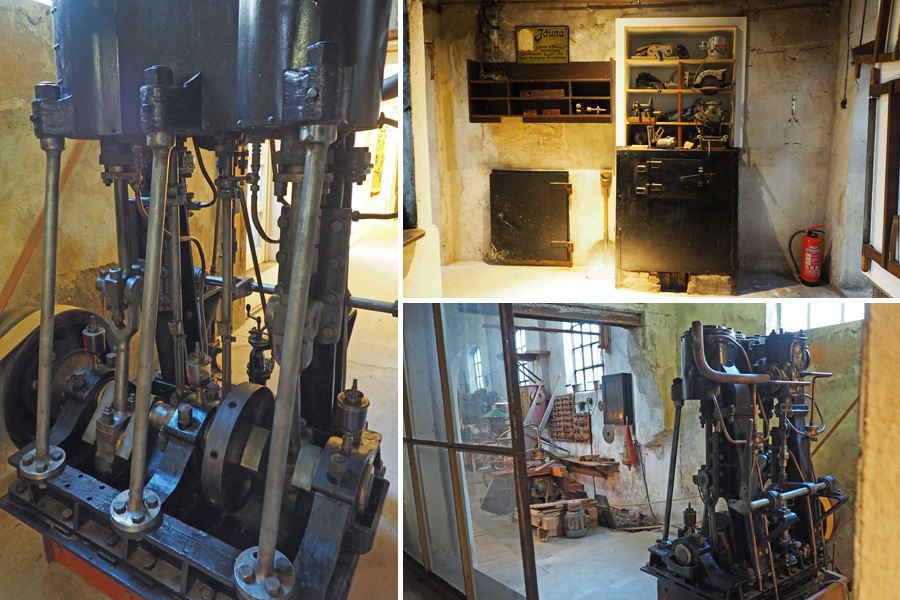 Collage: Dampfmaschine im Tischlerei-Museum
