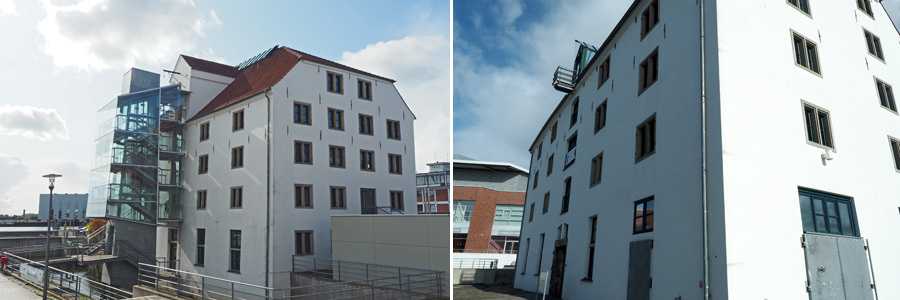 Collage: Exterior view of the building of the Vegesacker Geschichtenhaus