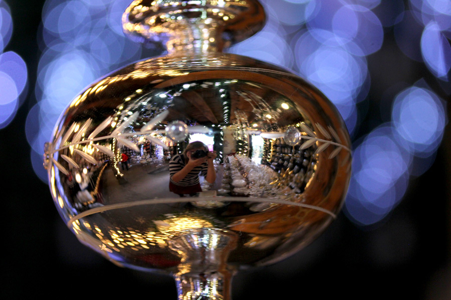 A reflection in Christmas decorations